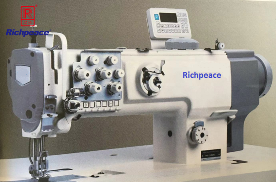 Double needle, direct drive compound feed sewing machine