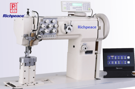 Program control, post bed, double needle, rotary needle bar, compound feed sewing machine