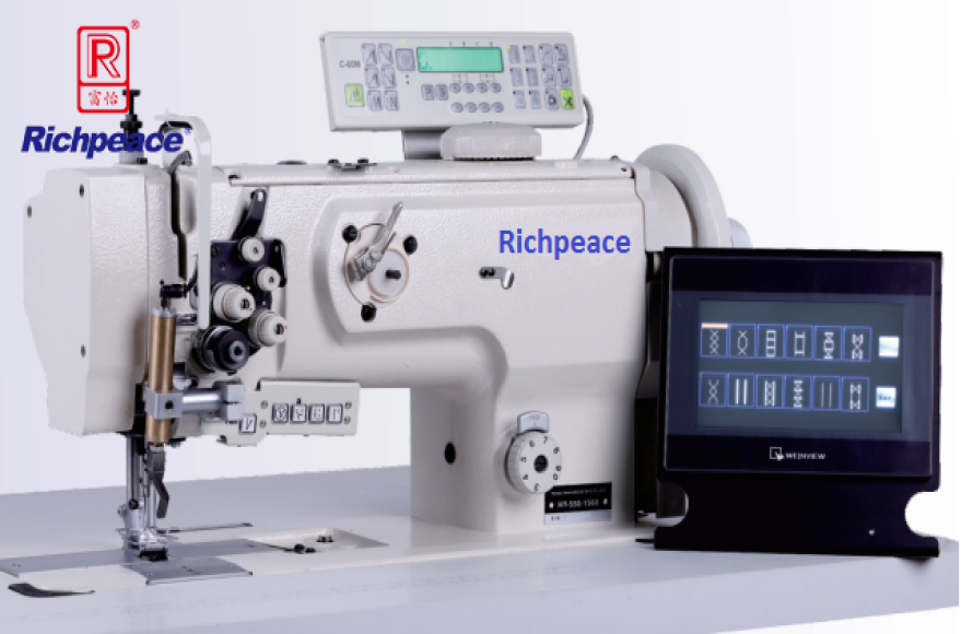 Program control, double needle, rotary needle bar, compound feed sewing machine