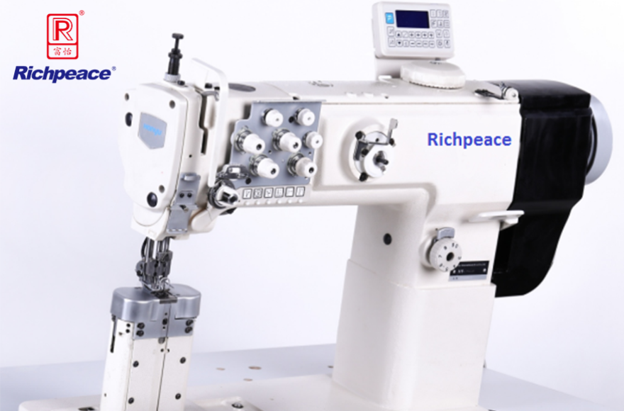 Direct drive, post bed, double needle compound feed sewing machine